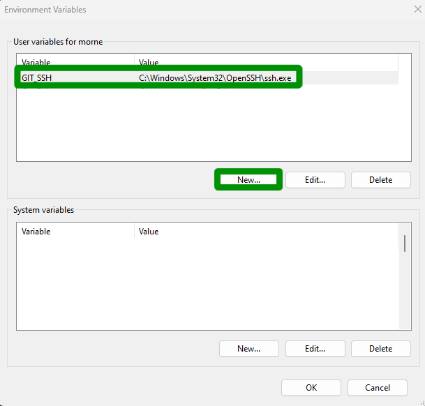 The Environment Variables dialog with an example `GIT_SSH` entry highlighted.